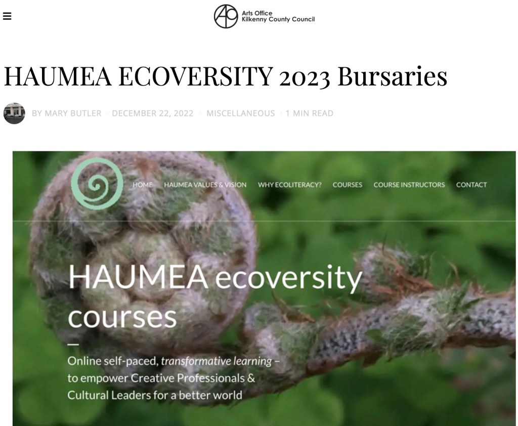 Kilkenny Arts Office is delighted to announce that they are offering Kilkenny based artists and cultural professionals a Bursary Award to study with the Haumea Ecoversity in January 2023. 